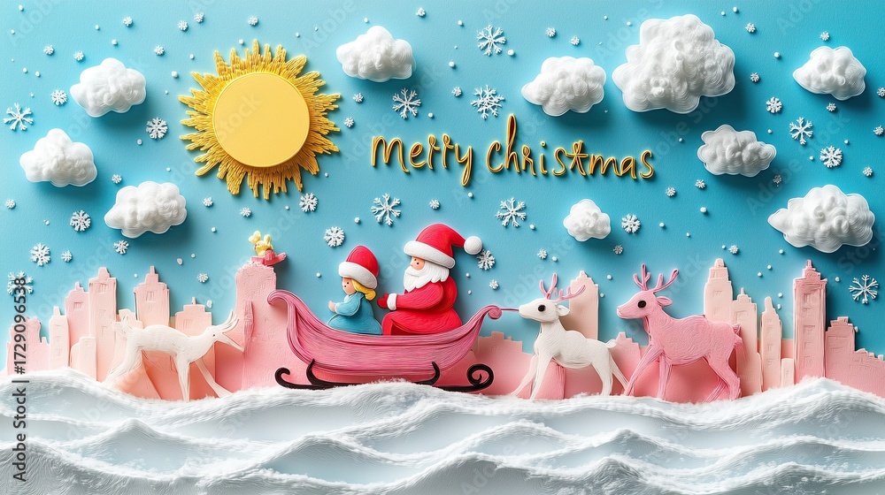 © roman - Santa Sleigh Paper Cut Christmas Card with Golden Text and Colorful Cityscape, 3D Holiday Design © roman - Santa Sleigh Paper Cut Christmas Card with Golden Text and Colorful Cityscape, 3D Holiday Design