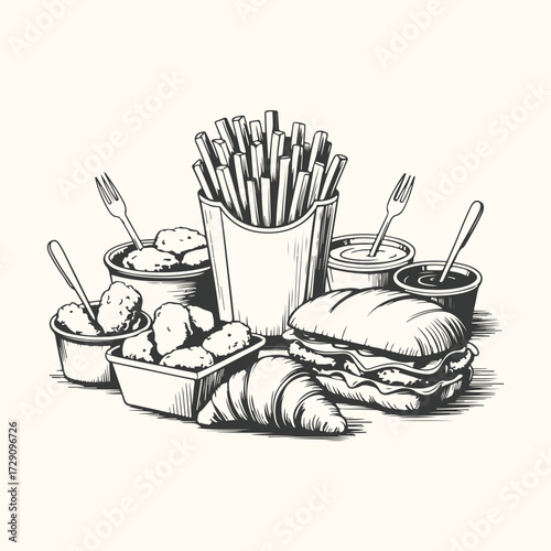Vector art of a rustic black and white illustration of various bowls and a burlap sack filled with rice grains, accompanied by rice stalks and scoops, evoking a sense of harvest and natural abundance