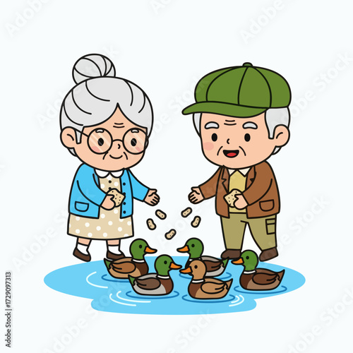 Elderly couple feeding ducks in a pond cartoon illustration.