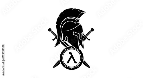 Spartan warrior helmet with crossed swords and shield for strength representation