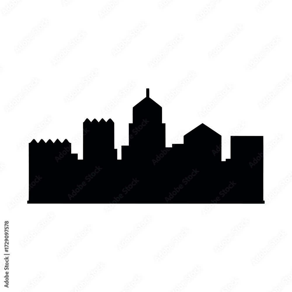 Fototapeta premium Black silhouette of a city skyline with varied architectural styles against a white background