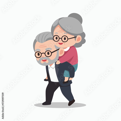 Happy elderly couple enjoying a piggyback ride showcasing love and support in old age.
