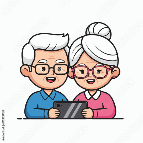 Happy elderly couple using a tablet together smiling and engaged with technology.
