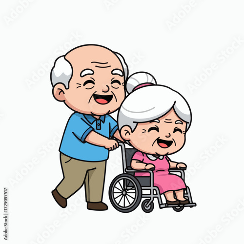 Happy Elderly Couple Grandfather Pushing Grandmother in Wheelchair.