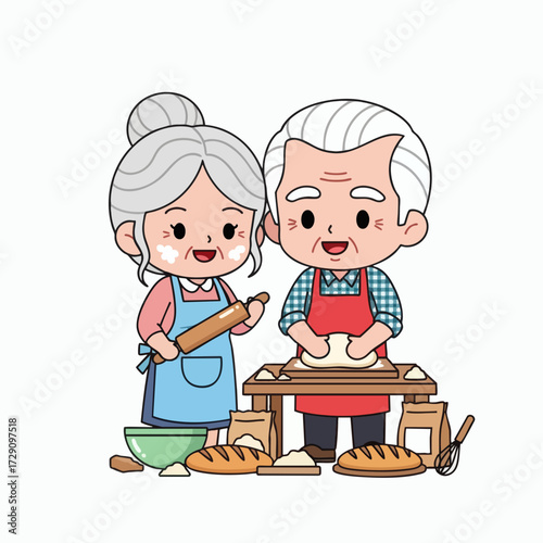 Happy Grandparents Baking Together A Cute Cartoon Illustration of an Elderly Couple Enjoying Cooking.