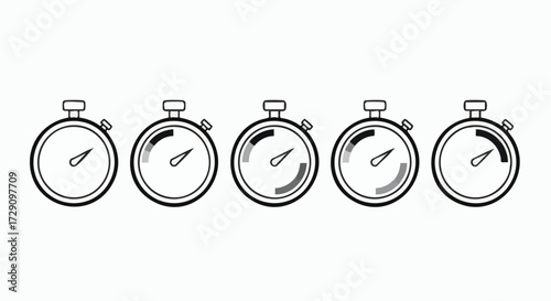 Set of five handdrawn stopwatch icons showing different time intervals isolated on a white background.