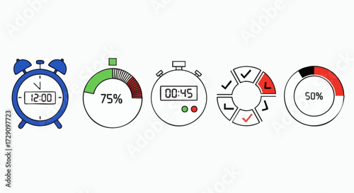 Set of Time Management and Progress Icons Alarm Clock Percentage Loaders and Stopwatch.
