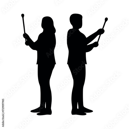 Silhouettes of two individuals holding batons in a symmetrical pose against a white background