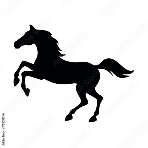 Silhouette of a powerful black horse rearing up on its hind legs