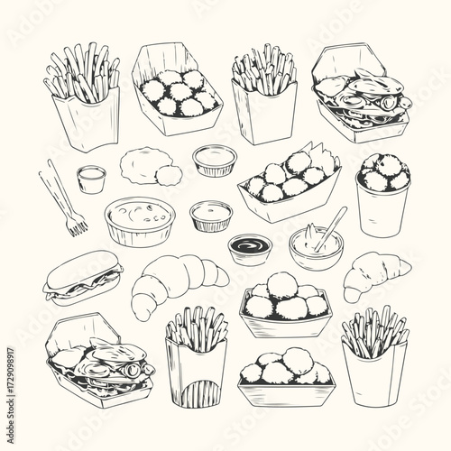 Vector art of a collection of handdrawn fast food items including burgers, french fries, croissants, and various dipping sauces, presented in a sketch style on a plain background