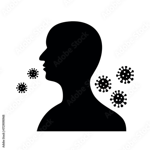 Silhouette of a person exhaling virus particles representing airborne transmission of illness