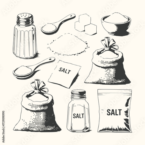 Vector art of a collection of salt containers, including shakers, bags, and packets, along with spoons and sugar cubes, presented in a vintage illustration style on a plain background