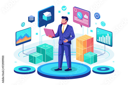 
Modern digital workspace showing artificial intelligence technology with holographic data analytics and virtual dashboards. A professional working on a laptop surrounded by futuristic AI visualizatio