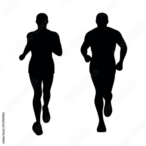 Two silhouetted runners in motion against a white background