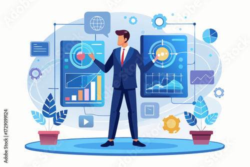 
Modern digital workspace showing artificial intelligence technology with holographic data analytics and virtual dashboards. A professional working on a laptop surrounded by futuristic AI visualizatio