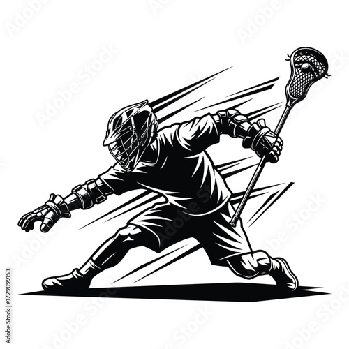 Dynamic lacrosse player action pose with stick and motion lines sport art silhouette