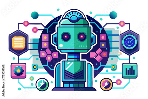 
Modern digital workspace showing artificial intelligence technology with holographic data analytics and virtual dashboards. A professional working on a laptop surrounded by futuristic AI visualizatio