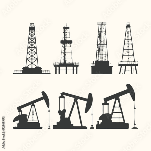 Vector art of silhouette collection of oil drilling rigs and pumpjacks, representing the oil and gas industry, isolated on a light cream background, symbolizing energy extraction and production