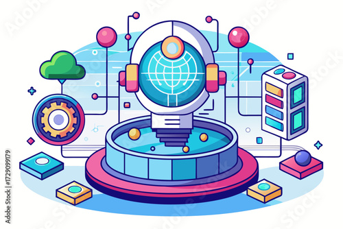
Modern digital workspace showing artificial intelligence technology with holographic data analytics and virtual dashboards. A professional working on a laptop surrounded by futuristic AI visualizatio
