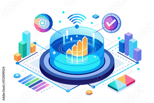 
Modern digital workspace showing artificial intelligence technology with holographic data analytics and virtual dashboards. A professional working on a laptop surrounded by futuristic AI visualizatio