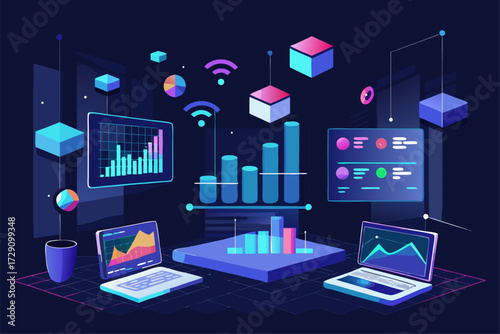 
Modern digital workspace showing artificial intelligence technology with holographic data analytics and virtual dashboards. A professional working on a laptop surrounded by futuristic AI visualizatio