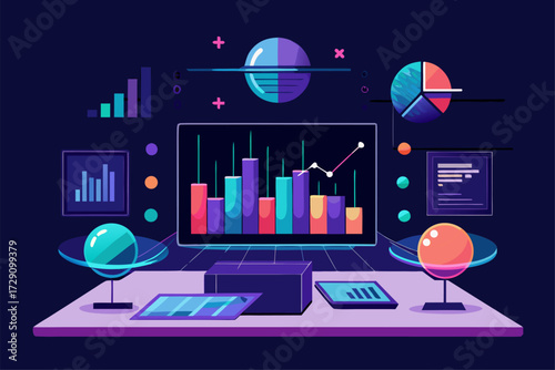 
Modern digital workspace showing artificial intelligence technology with holographic data analytics and virtual dashboards. A professional working on a laptop surrounded by futuristic AI visualizatio