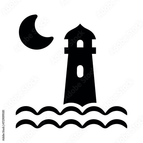 Silhouette of a lighthouse at night with a crescent moon and waves
