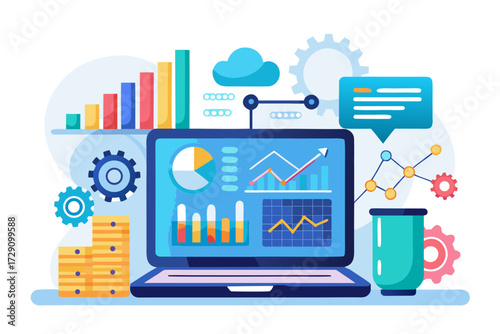 
Modern digital workspace showing artificial intelligence technology with holographic data analytics and virtual dashboards. A professional working on a laptop surrounded by futuristic AI visualizatio