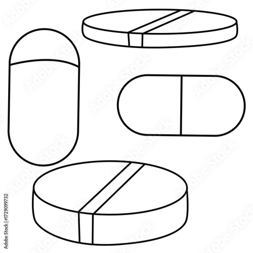 Science of hand dawn vector capsules, pill and tablet outline