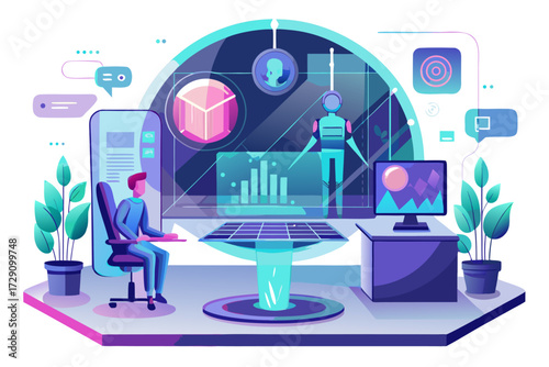 
Modern digital workspace showing artificial intelligence technology with holographic data analytics and virtual dashboards. A professional working on a laptop surrounded by futuristic AI visualizatio