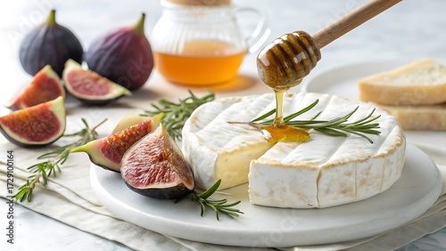 Honey drizzled camembert cheese with figs and rosemary