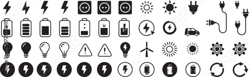 electricity energy icon set black and white power symbols vector lightning plug battery solar wind turbine recycling