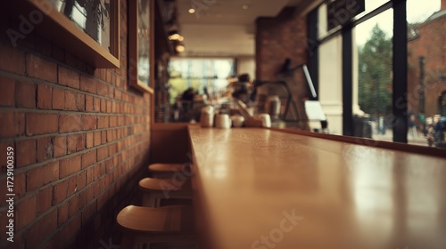 Empty venue suitable for F&B industry, with basic finish like wooden counter and brick wall, good lighting, versatile for conversion
