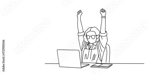 Minimalist one-line drawing of a happy young woman student or employee receiving good news online, celebrating with raised hands, feeling euphoric, representing success, achievement, excitement