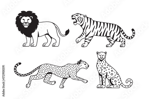 Four majestic big cats in detailed line art style