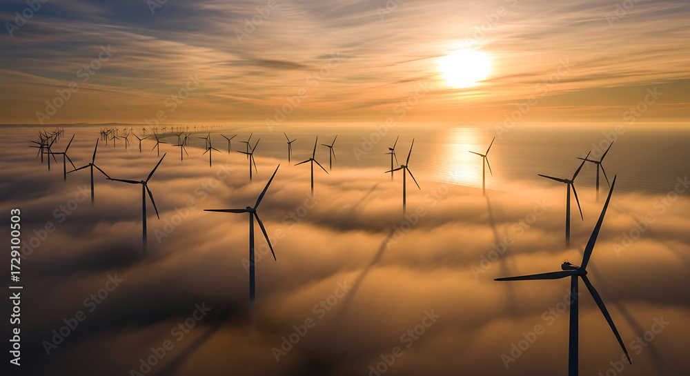 Obraz premium Wind turbines rising above the fog at sunrise generating clean energy