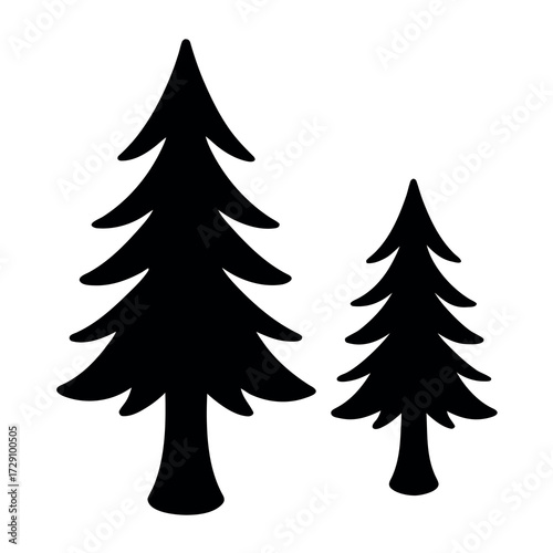 Two silhouetted evergreen trees one tall and one small