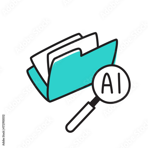 File folder and magnifying glass, AI powered document searching