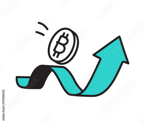 Bitcoin coin with upward arrow, Cryptocurrency price increase concept