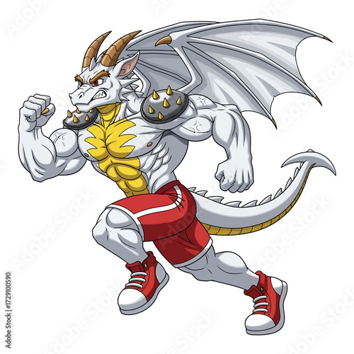 Muscular dragon character running in athletic gear