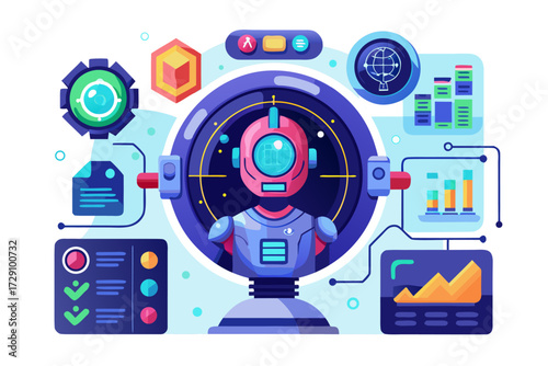 
Modern digital workspace showing artificial intelligence technology with holographic data analytics and virtual dashboards. A professional working on a laptop surrounded by futuristic AI visualizatio
