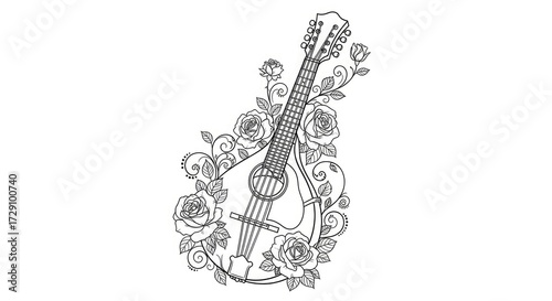 Outline Drawing of a Mandolin Surrounded by Roses Keywords: mandolin, musical instrument, music