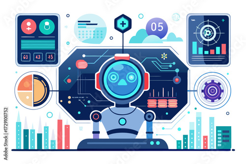 
Modern digital workspace showing artificial intelligence technology with holographic data analytics and virtual dashboards. A professional working on a laptop surrounded by futuristic AI visualizatio