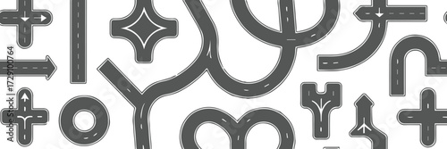 dark grey seamless road network pattern with intersections curves roundabouts and arrows vector background