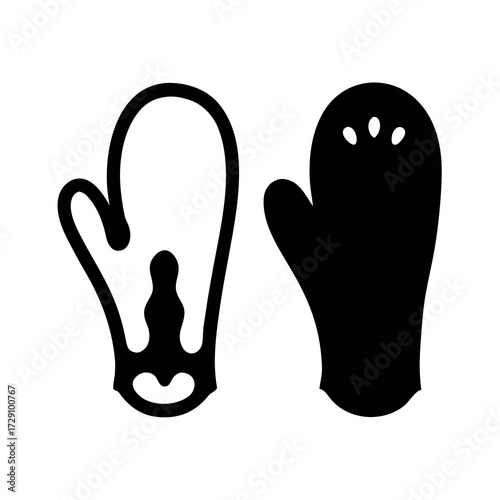 Simple outline and solid silhouette of winter mittens isolated on white background