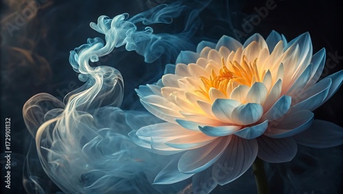 Serene water lily blossom with blue smoke