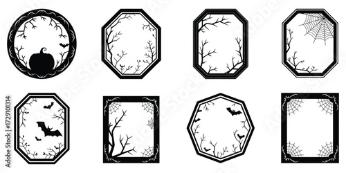 Spooky Halloween Badge Collection. Eight Different Frames with Scary Elements Vector