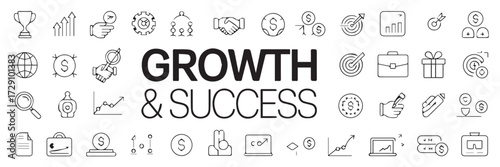 growth success business icon vector collection with finance strategy elements in line style minimal monochrome design