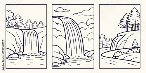 Serene waterfall scenes with lush trees and flowing water create a peaceful natural landscape perfect for relaxation and nature-themed projects.