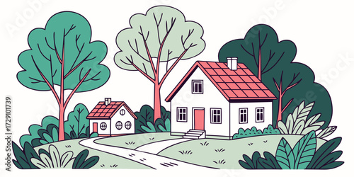 Charming houses nestled among lush trees create a peaceful countryside scene with winding paths inviting exploration and tranquility.